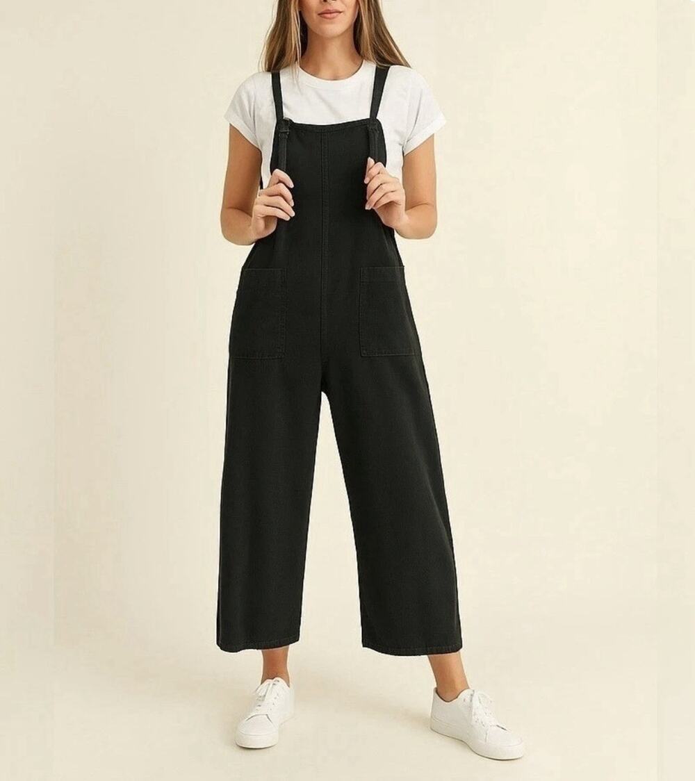 MIOU MUSE Black Wide Leg Jumpsuit Overalls Cropped SZ M Linen Cotton Preppy